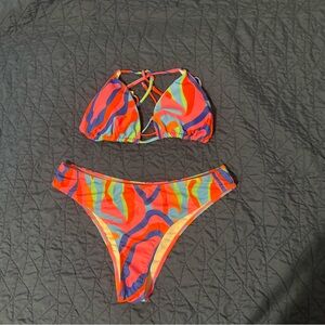 SHEIN Red and Orange Bikini Set with Geometric Design